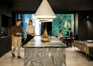 Custom Palladiana stone slab fabricated by InStyle Stone for a bespoke hospitality and collaboration space at SpaceCo, 530 Collins Street Melbourne.