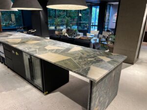 Custom Palladiana stone slab benchtop by InStyle Stone featuring hand-laid natural stone, marble and terrazzo pieces fabricated into a bespoke architectural surface.