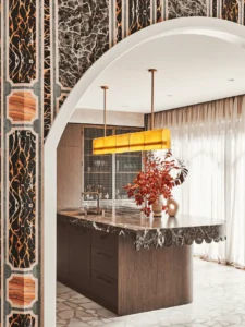 Architectural kitchen with handcrafted Palladiana flooring, custom timber cabinetry and marble island detailing.