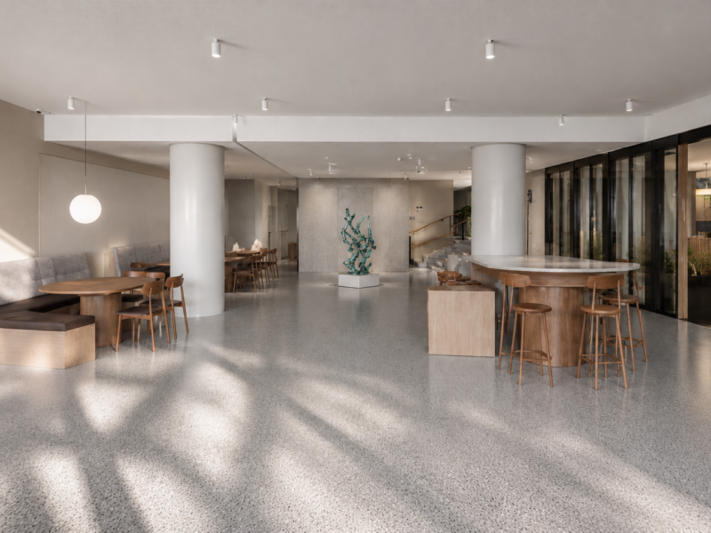 Custom terrazzo flooring, terrazzo wall panels, terrazzo furniture and bespoke architectural stonework at 5 Bowen Crescent Melbourne by InStyle Stone.