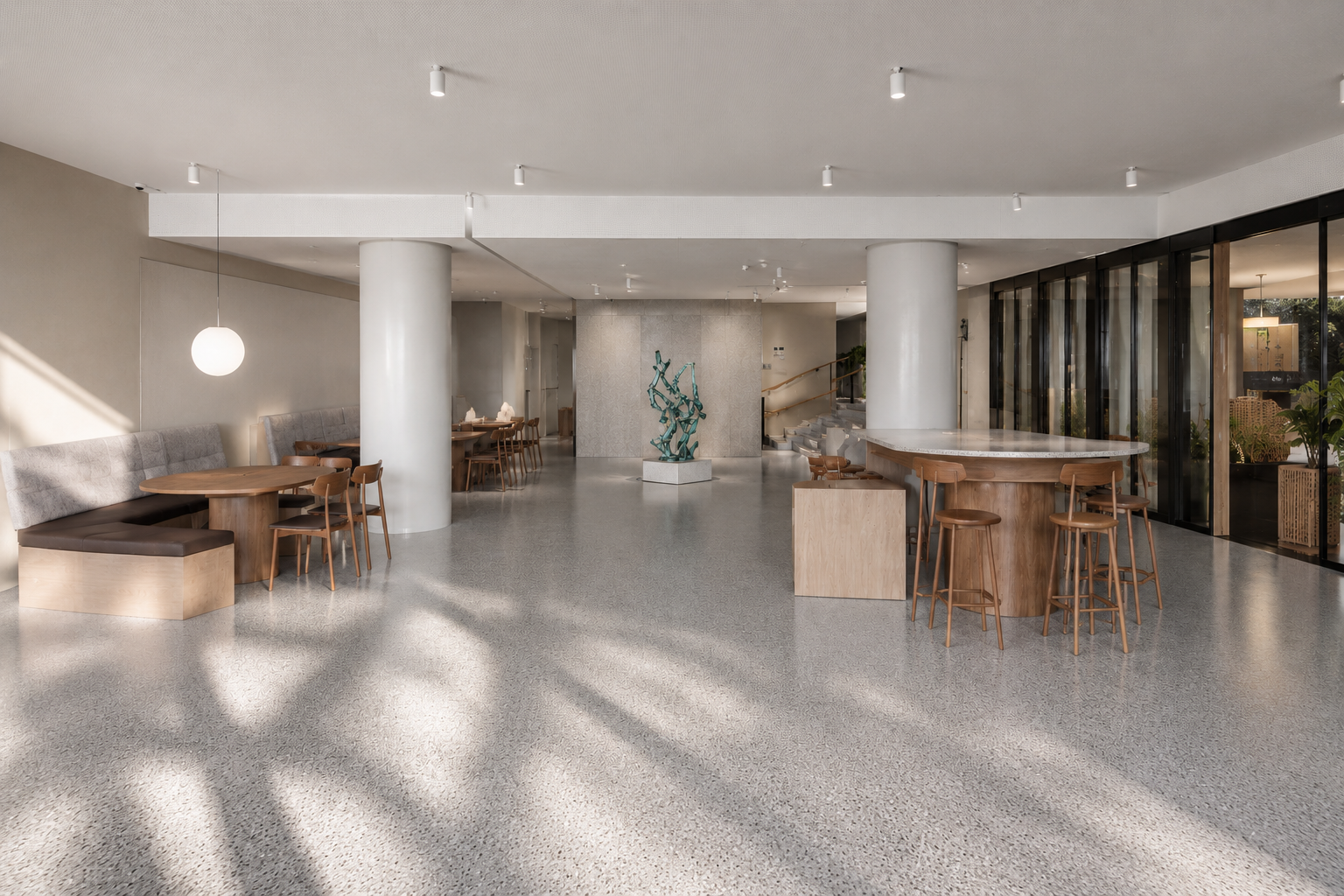 Custom terrazzo flooring, terrazzo wall panels, terrazzo furniture and bespoke architectural stonework at 5 Bowen Crescent Melbourne by InStyle Stone.