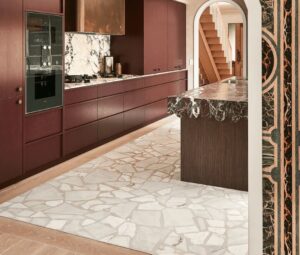Luxury residential kitchen featuring a custom InStyle Stone Palladiana terrazzo stone floor finish.
